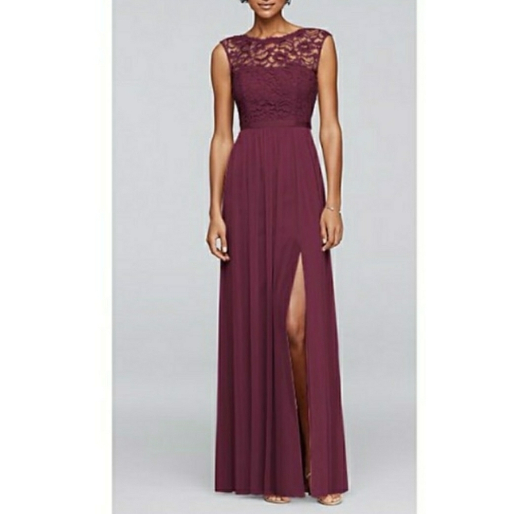 David's Bridal NWOT Maxi Dress 2 Lace Burgundy Wine Merlot Bridesmaid Formal